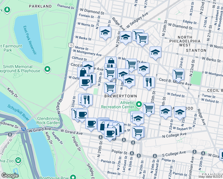 map of restaurants, bars, coffee shops, grocery stores, and more near 1537 North 29th Street in Philadelphia