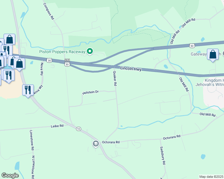map of restaurants, bars, coffee shops, grocery stores, and more near 43 Quaker Road in Parkesburg