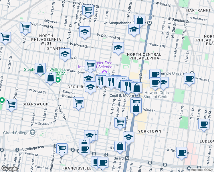 map of restaurants, bars, coffee shops, grocery stores, and more near 1707 North 17th Street in Philadelphia