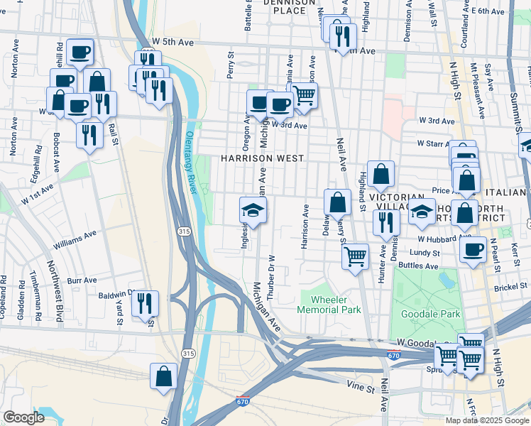 map of restaurants, bars, coffee shops, grocery stores, and more near 909 Michigan Avenue in Columbus