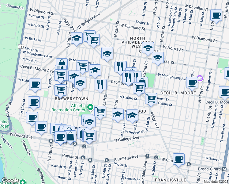 map of restaurants, bars, coffee shops, grocery stores, and more near 2416 Turner Street in Philadelphia