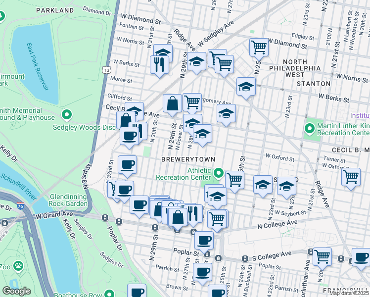 map of restaurants, bars, coffee shops, grocery stores, and more near 1545 North Newkirk Street in Philadelphia