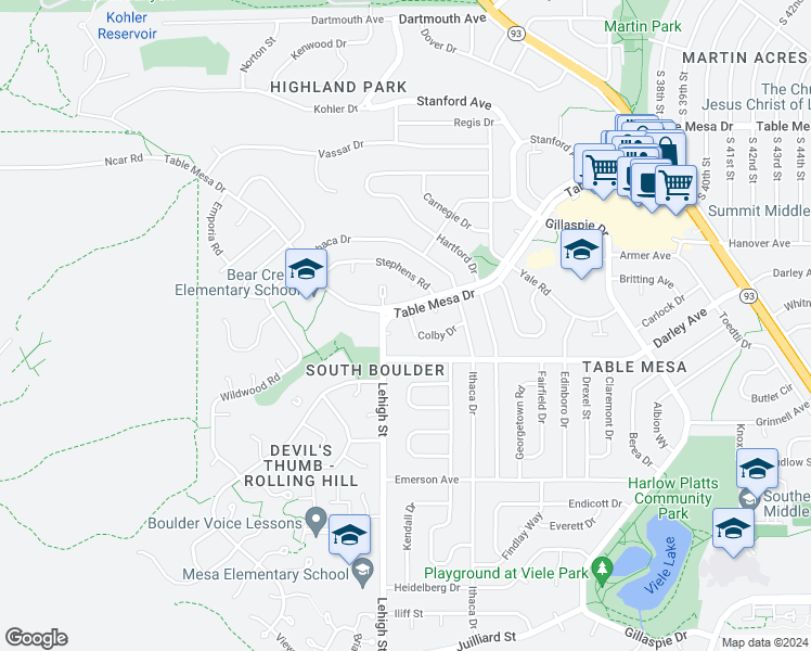 map of restaurants, bars, coffee shops, grocery stores, and more near 2820 Colby Drive in Boulder