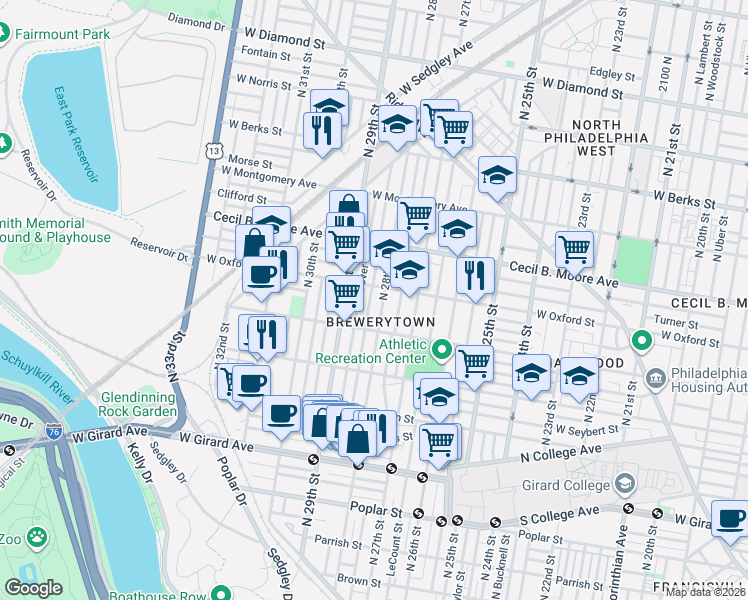 map of restaurants, bars, coffee shops, grocery stores, and more near in Philadelphia