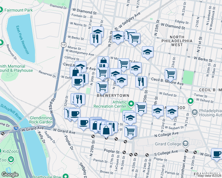 map of restaurants, bars, coffee shops, grocery stores, and more near in Philadelphia