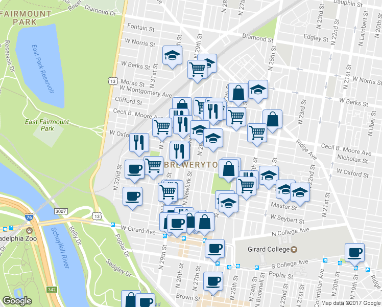 map of restaurants, bars, coffee shops, grocery stores, and more near 1542 North Newkirk Street in Philadelphia