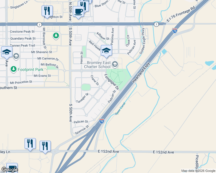 map of restaurants, bars, coffee shops, grocery stores, and more near 5344 Goshawk Street in Brighton