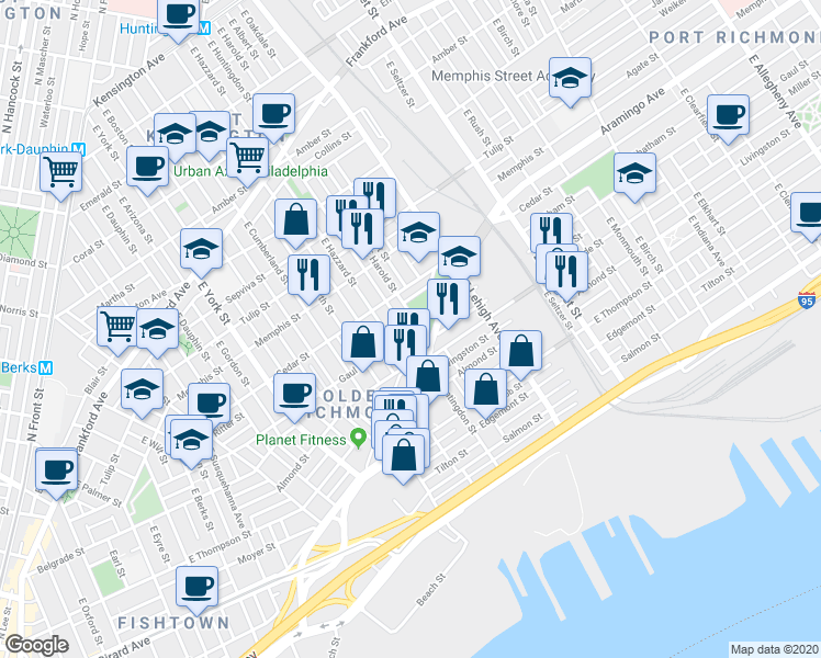 map of restaurants, bars, coffee shops, grocery stores, and more near 2613 Miller Street in Philadelphia