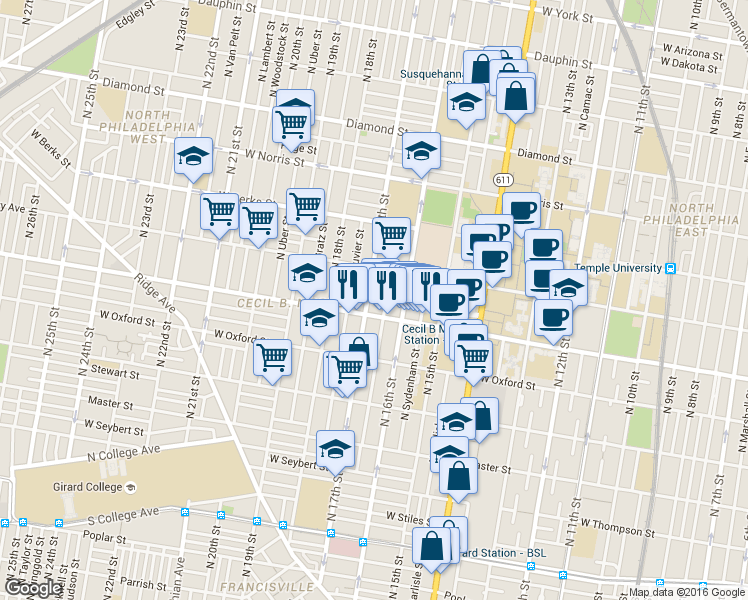 map of restaurants, bars, coffee shops, grocery stores, and more near in Philadelphia