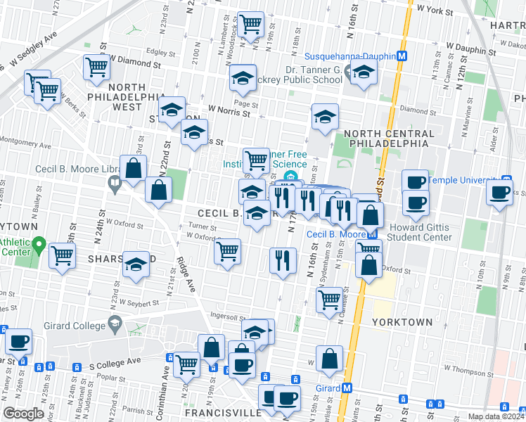 map of restaurants, bars, coffee shops, grocery stores, and more near 1820 Cecil B. Moore Avenue in Philadelphia