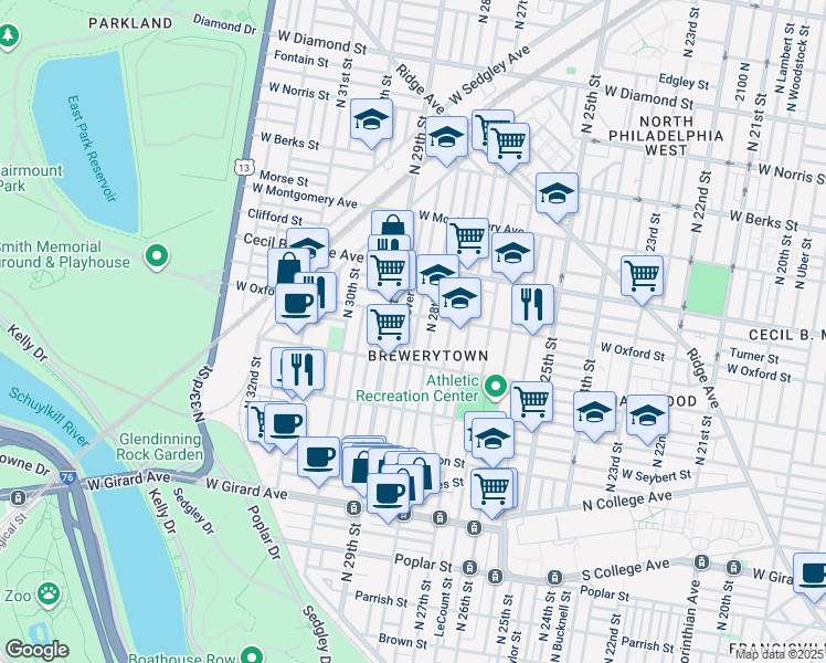 map of restaurants, bars, coffee shops, grocery stores, and more near 1542 North Newkirk Street in Philadelphia