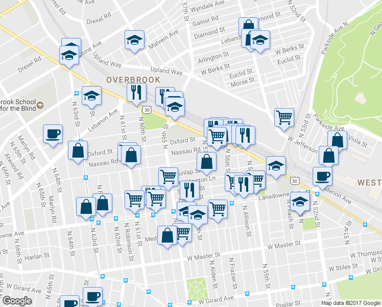 map of restaurants, bars, coffee shops, grocery stores, and more near 5736 Nassau Road in Philadelphia