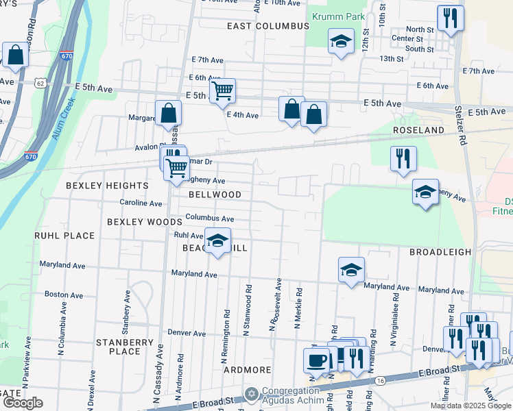 map of restaurants, bars, coffee shops, grocery stores, and more near 2871 Bellwood Avenue in Columbus