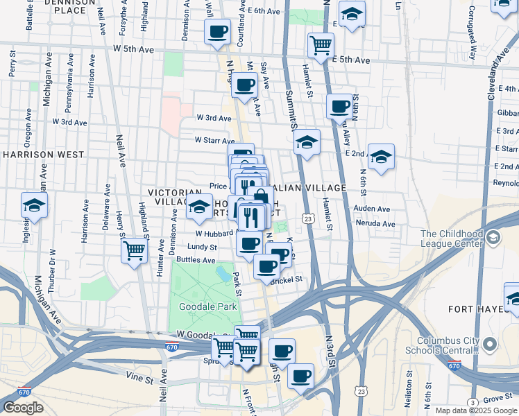 map of restaurants, bars, coffee shops, grocery stores, and more near in Columbus