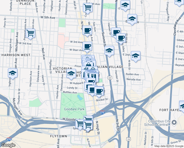 map of restaurants, bars, coffee shops, grocery stores, and more near in Columbus