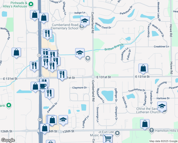 map of restaurants, bars, coffee shops, grocery stores, and more near 9796 East 131st Street in Fishers