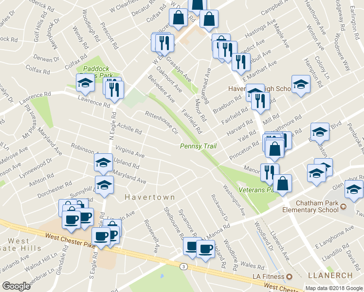 map of restaurants, bars, coffee shops, grocery stores, and more near 309 Rittenhouse Circle in Havertown