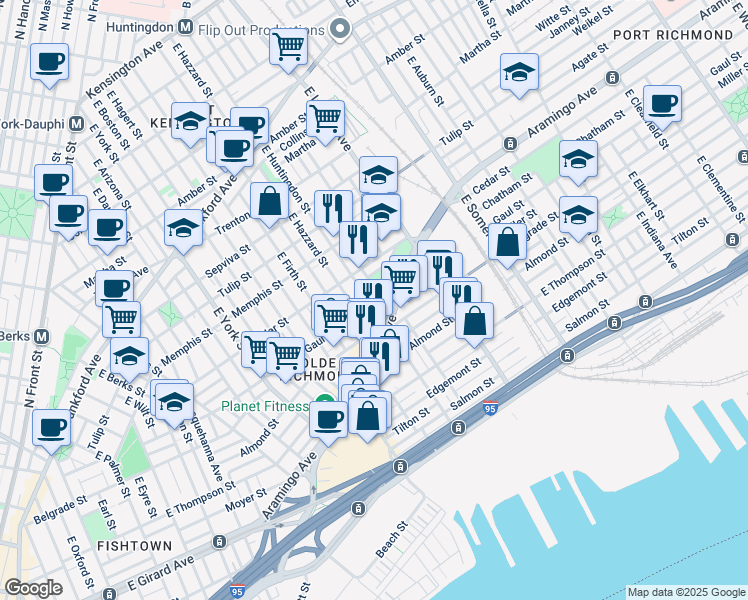 map of restaurants, bars, coffee shops, grocery stores, and more near 2447 East Huntingdon Street in Philadelphia