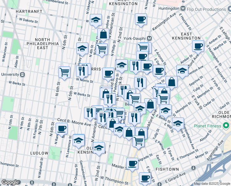 map of restaurants, bars, coffee shops, grocery stores, and more near 1921 North Palethorp Street in Philadelphia