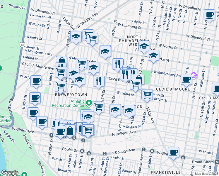 map of restaurants, bars, coffee shops, grocery stores, and more near 2432 Turner Street in Philadelphia