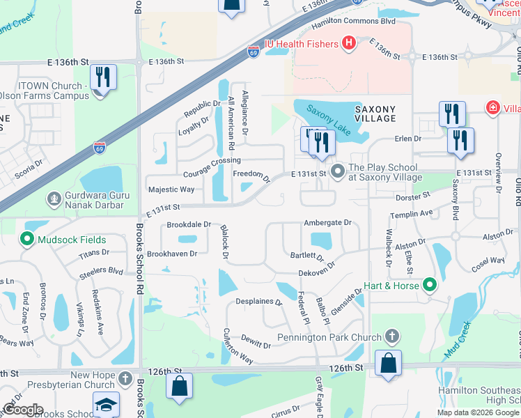 map of restaurants, bars, coffee shops, grocery stores, and more near 12899 Star Drive in Fishers