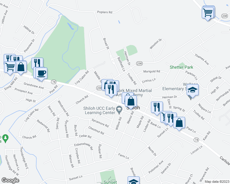 map of restaurants, bars, coffee shops, grocery stores, and more near 2328 Middle Street in York