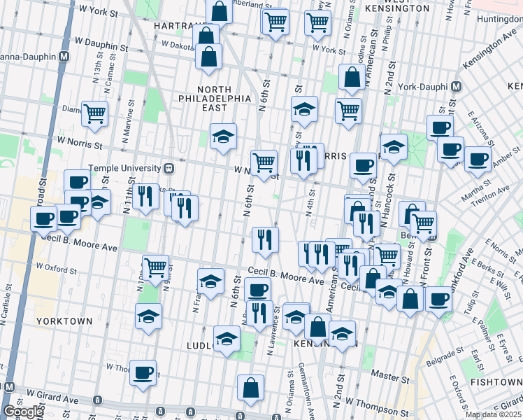 map of restaurants, bars, coffee shops, grocery stores, and more near 1848 Germantown Avenue in Philadelphia