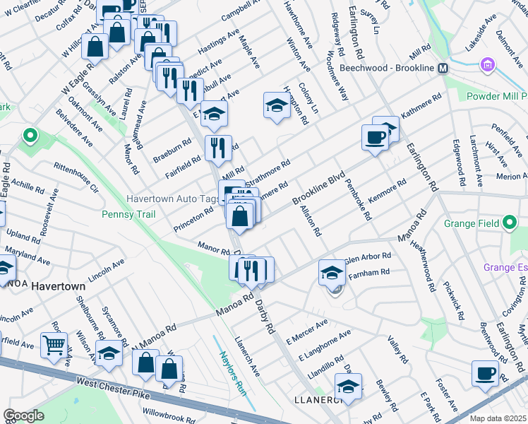 map of restaurants, bars, coffee shops, grocery stores, and more near 60 Brookline Boulevard in Havertown
