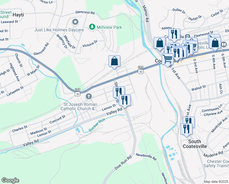 map of restaurants, bars, coffee shops, grocery stores, and more near 314 Charles Street in Coatesville