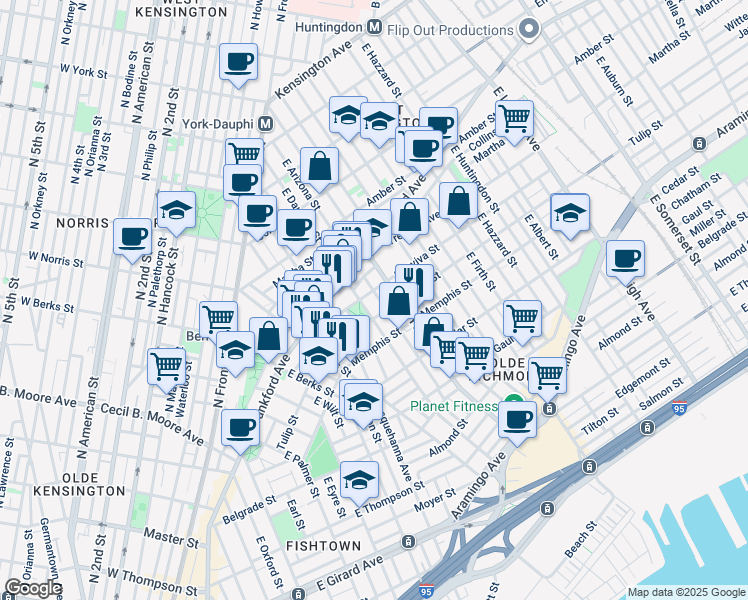 map of restaurants, bars, coffee shops, grocery stores, and more near 2206 1/2 East Gordon Street in Philadelphia