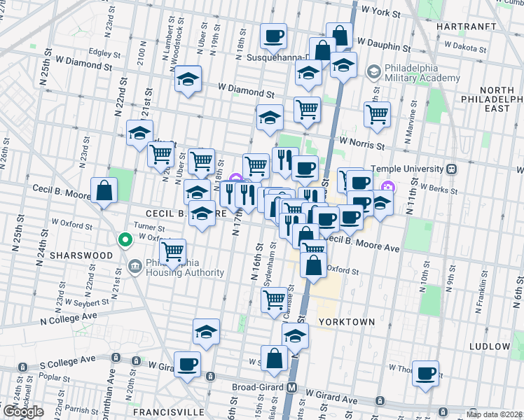 map of restaurants, bars, coffee shops, grocery stores, and more near 1714 North 16th Street in Philadelphia