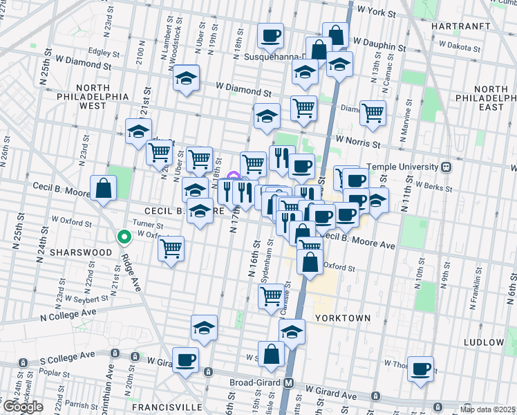 map of restaurants, bars, coffee shops, grocery stores, and more near 1714 North 16th Street in Philadelphia