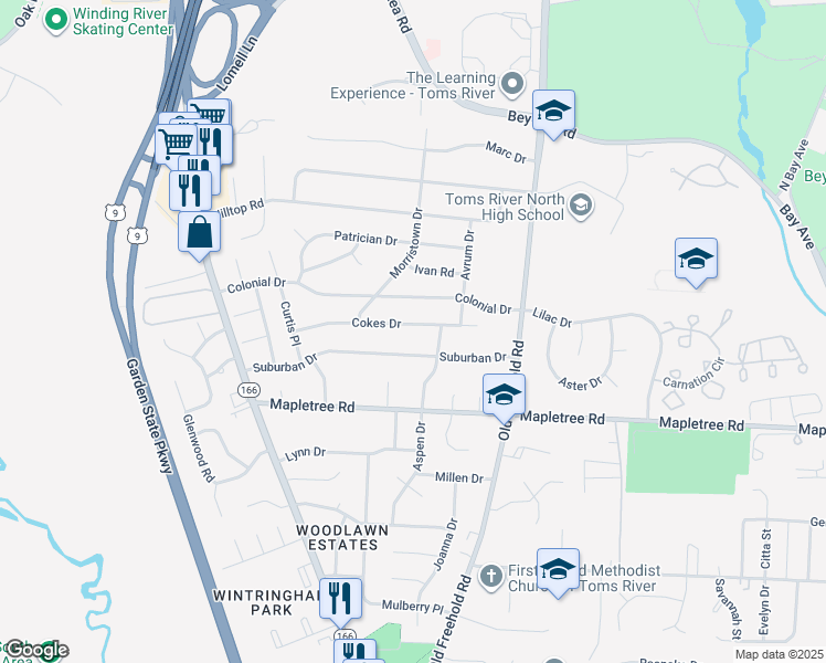 map of restaurants, bars, coffee shops, grocery stores, and more near 352 Suburban Drive in Toms River