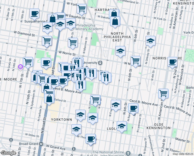 map of restaurants, bars, coffee shops, grocery stores, and more near 1823 N 10th St in Philadelphia