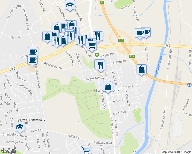 map of restaurants, bars, coffee shops, grocery stores, and more near 37 West 9th Avenue in York