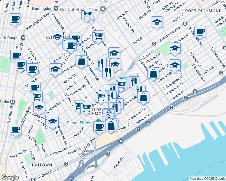 map of restaurants, bars, coffee shops, grocery stores, and more near 2445 East Huntingdon Street in Philadelphia