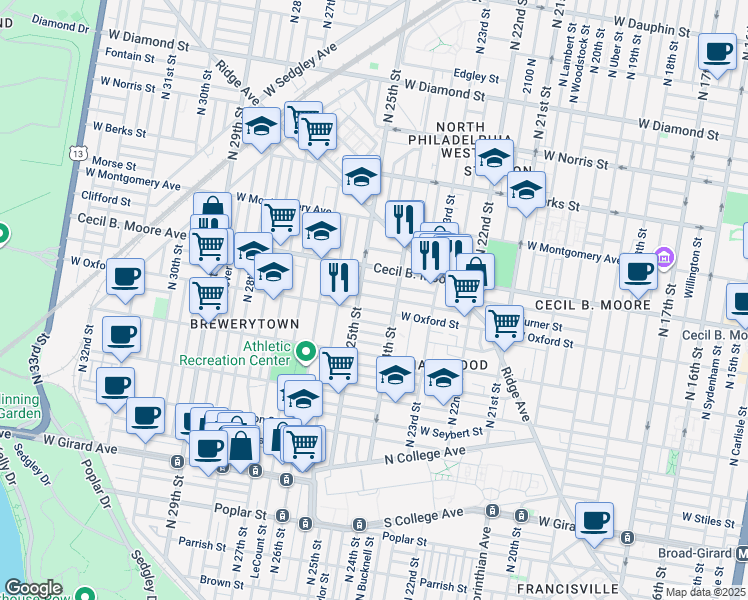 map of restaurants, bars, coffee shops, grocery stores, and more near 2432 Turner Street in Philadelphia