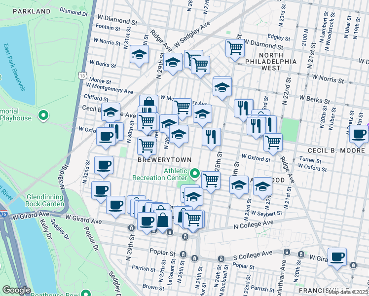 map of restaurants, bars, coffee shops, grocery stores, and more near 2638 West Oxford Street in Philadelphia