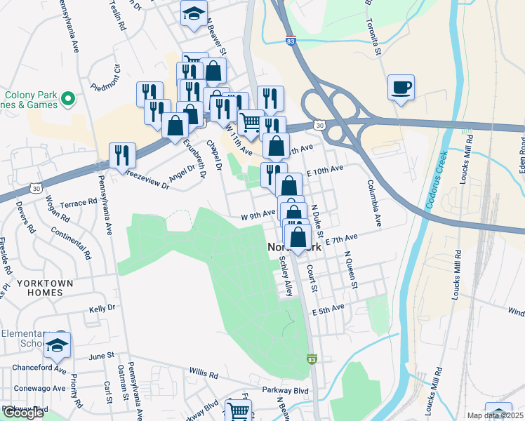 map of restaurants, bars, coffee shops, grocery stores, and more near 37 West 9th Avenue in York