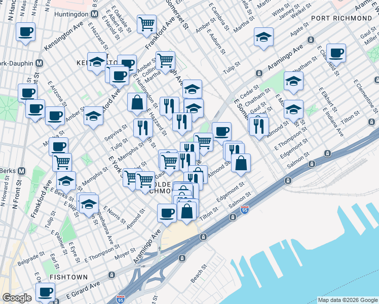 map of restaurants, bars, coffee shops, grocery stores, and more near 2613 Miller Street in Philadelphia