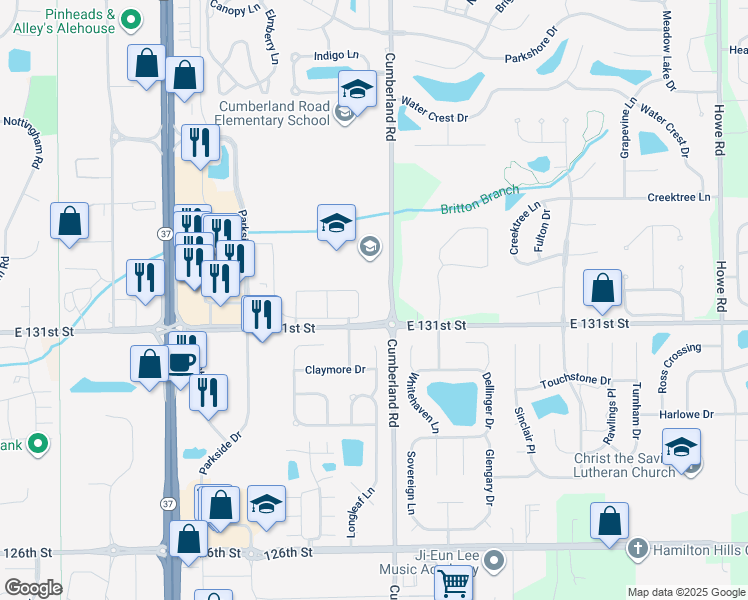 map of restaurants, bars, coffee shops, grocery stores, and more near 9796 East 131st Street in Fishers