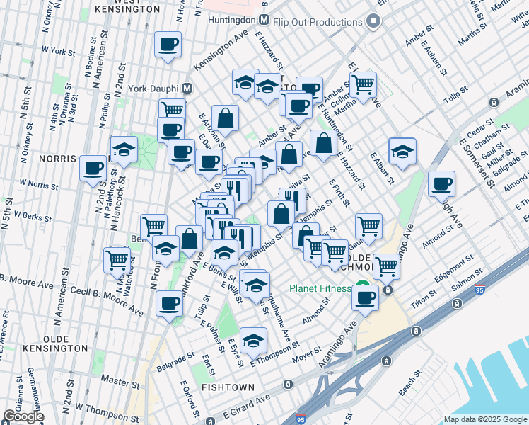 map of restaurants, bars, coffee shops, grocery stores, and more near 2206 1/2 East Gordon Street in Philadelphia