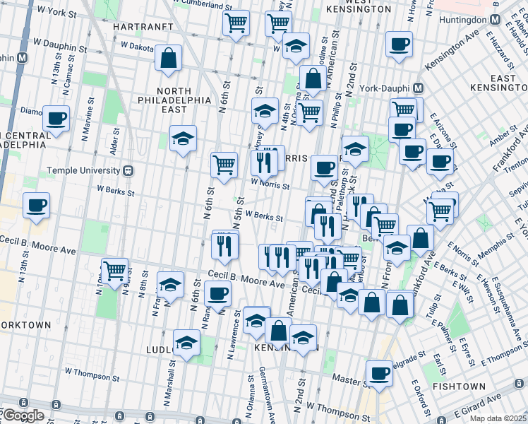 map of restaurants, bars, coffee shops, grocery stores, and more near 1905 N Leithgow St in Philadelphia