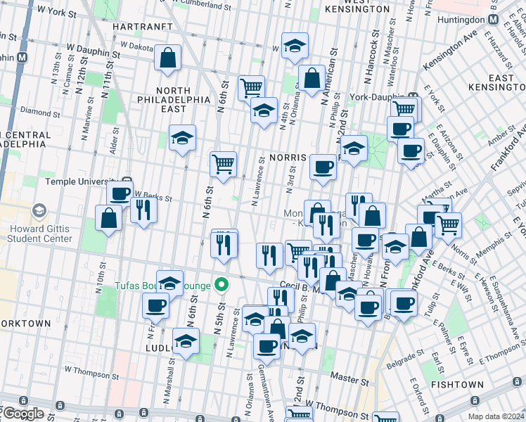 map of restaurants, bars, coffee shops, grocery stores, and more near 1905 N Leithgow St in Philadelphia