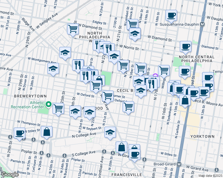 map of restaurants, bars, coffee shops, grocery stores, and more near 2036 Cecil B. Moore Avenue in Philadelphia