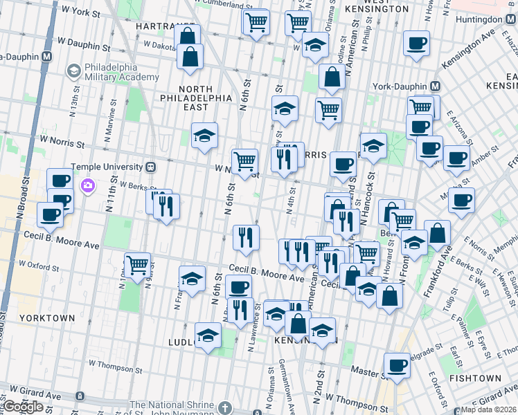 map of restaurants, bars, coffee shops, grocery stores, and more near N 5th St & W Berks St in Philadelphia