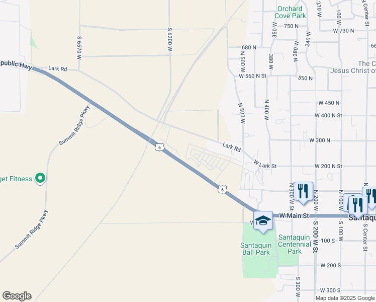 map of restaurants, bars, coffee shops, grocery stores, and more near 259 Polly Lane in Santaquin