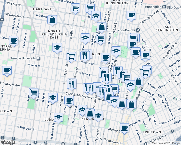 map of restaurants, bars, coffee shops, grocery stores, and more near 1911 North Orianna Street in Philadelphia
