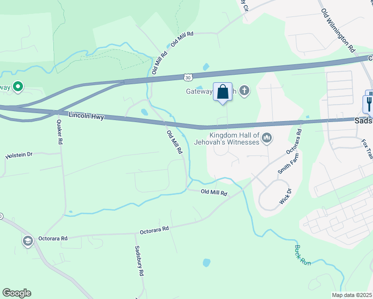 map of restaurants, bars, coffee shops, grocery stores, and more near 307 Old Mill Road in Parkesburg