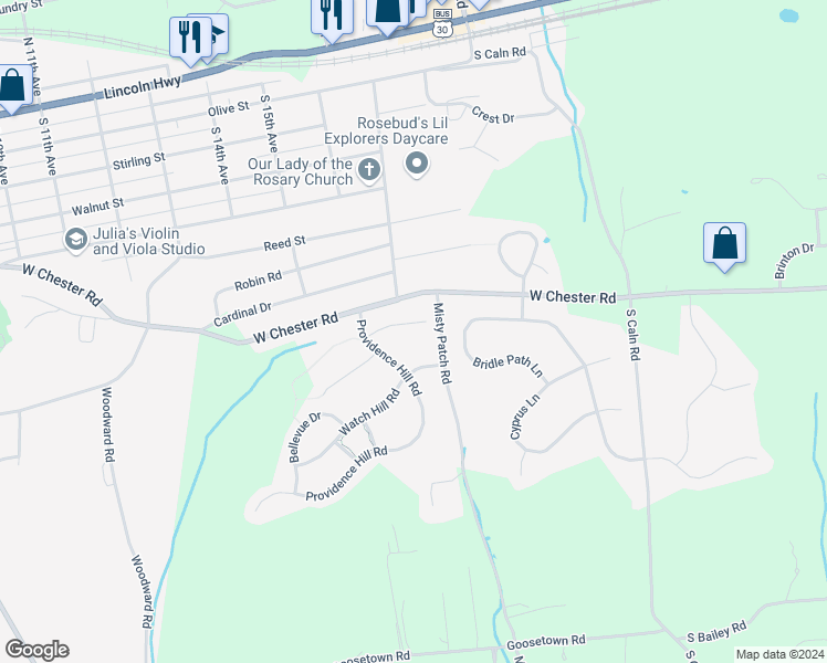 map of restaurants, bars, coffee shops, grocery stores, and more near 27 Shoreham Drive in Coatesville